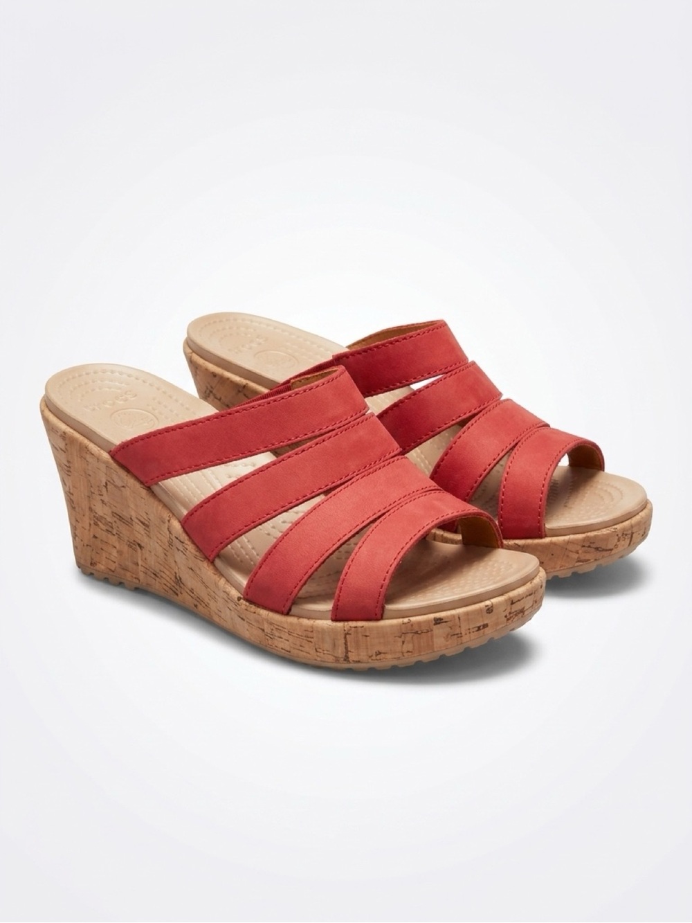 Crocs Women’s Size 9 Coral Red Cork Wedge Sandals Strappy Slip On Heels